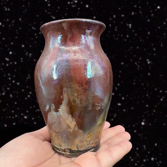 Vintage Raku Studio Art Pottery Vase Iridescent Glaze Hand Made Vessel Signed 5” - Picture 14 of 16